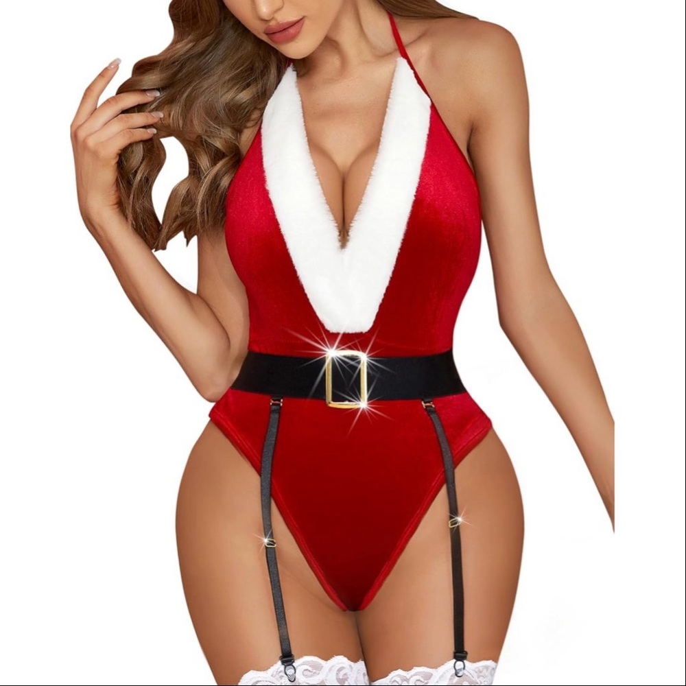 Women’s XXL Sexy Red Santa Teddy Bodysuit One Piece With Belt Intimate Costume